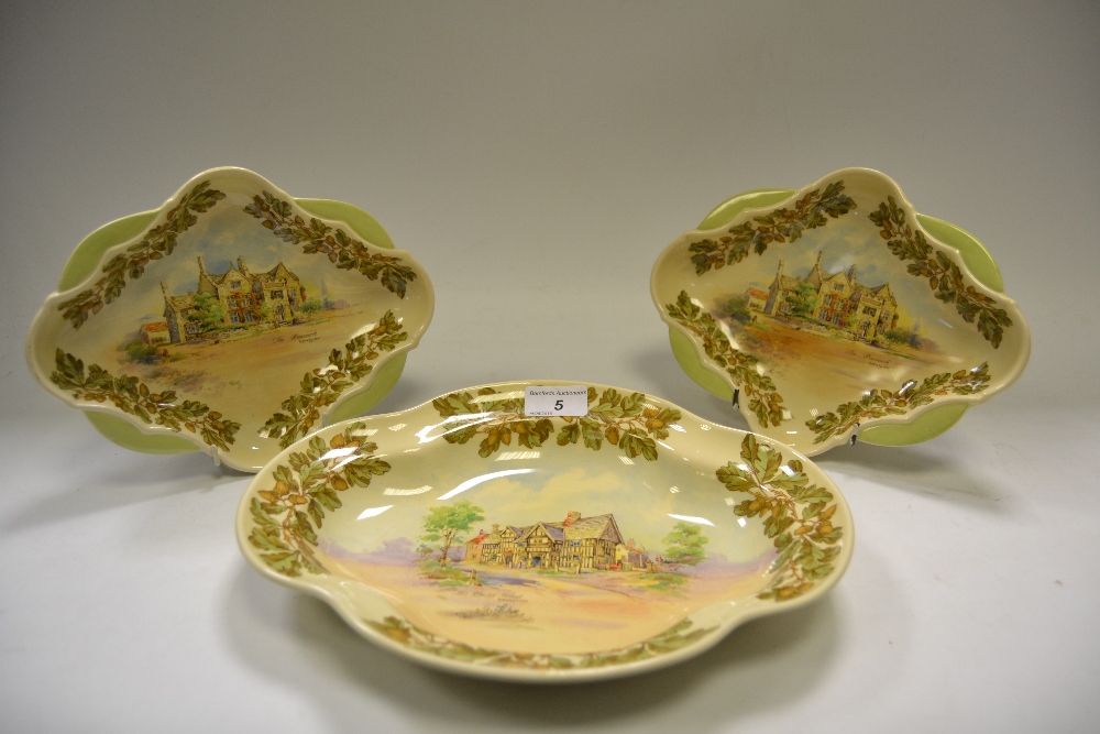 A set of 3 Local interest Royal Doulton serving dishes; The Peacock Rowsley x 2;
