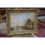 A Herkelman (continental school) On the river oil on board, signed and framed.