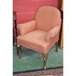 A George I style walnut armchair, cabriole legs, pointed pad feet, c.