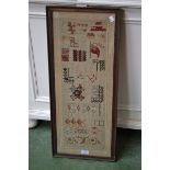 A 19th century needlework sampler,of naval interest,worked in coloured threads with motifs,