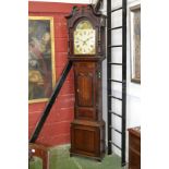 An oak 30 hour longcase clock, swan-neck pediment, arched dial decorated with fishing gent,.