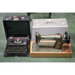 A Vintage Imperial Model T portable typewriter, cased; a Singer hand operated sewing machine,