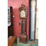 A modern mahogany long case clock, pagoda top to hood supported on brass tipped fluted columns,