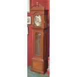 A Franz Hermle reproduction teak long case clock, architectural pediment, arched face,