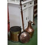 A copper and brass riveted log bin; a Moorish planished copper and brass ewer with hinged cover;