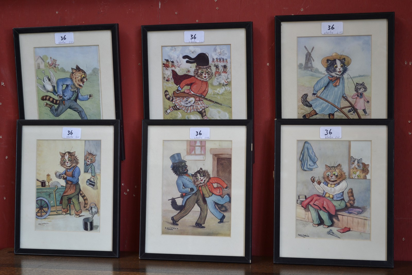 Louis Wain, after, a set of eight coloured prints, Tinker, Tailor, Soldier, Sailor, Rich man,