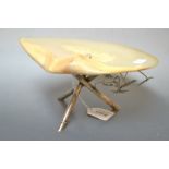 A Chinese silver coloured metal and mother of pearl dish, faux bamboo underframe, 24cm wide,