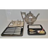 Silver Plated Ware - an EPBM teapot; a pair of cased berry spoons; an EPNS salt;