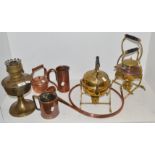 Metalware - a miniature copper kettle; brass teapot on stand; copper grain measure,