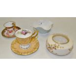 A Royal Crown Derby pedestal vine cabinet cup and saucer, decorated with summer flowers,