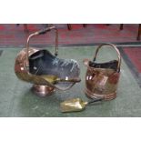 A 19th century copper coal scuttle, brass shovel en suite; another,