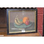 R Hunt Still Life, Knife, Apple, Orange and Bananas on a Majolica Plate signed, oil on board,