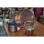 A large Victorian copper twin handled preserving pan; another smaller;