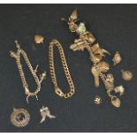 A silver charm bracelet, various charms, 76.5g gross; white metal bracelet; other pendants; etc.