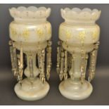 A pair of opaque glass Lustres with hand painted flowers.