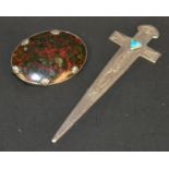 A turquoise set silver Celtic cross letter opener and a silver and agate Victorian brooch (2)