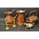 Metalware - a copper kettle; jugs; a pair of brass candlesticks; etc.