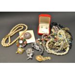 A box of costume jewellery; a micro mosaic brooch; etc.