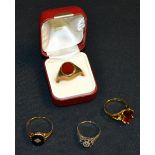 A gent's 9ct gold signet ring, set with a single oval bloodstone; others 9ct, a silver ring,