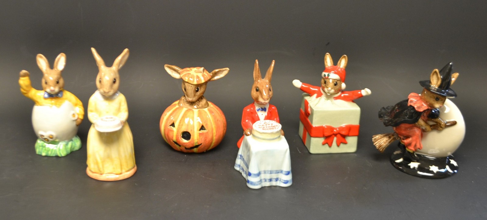 A Royal Doulton Bunnykins Halloween, boxed; Trick or Treat, 60th Anniversary, Christmas Surprise,