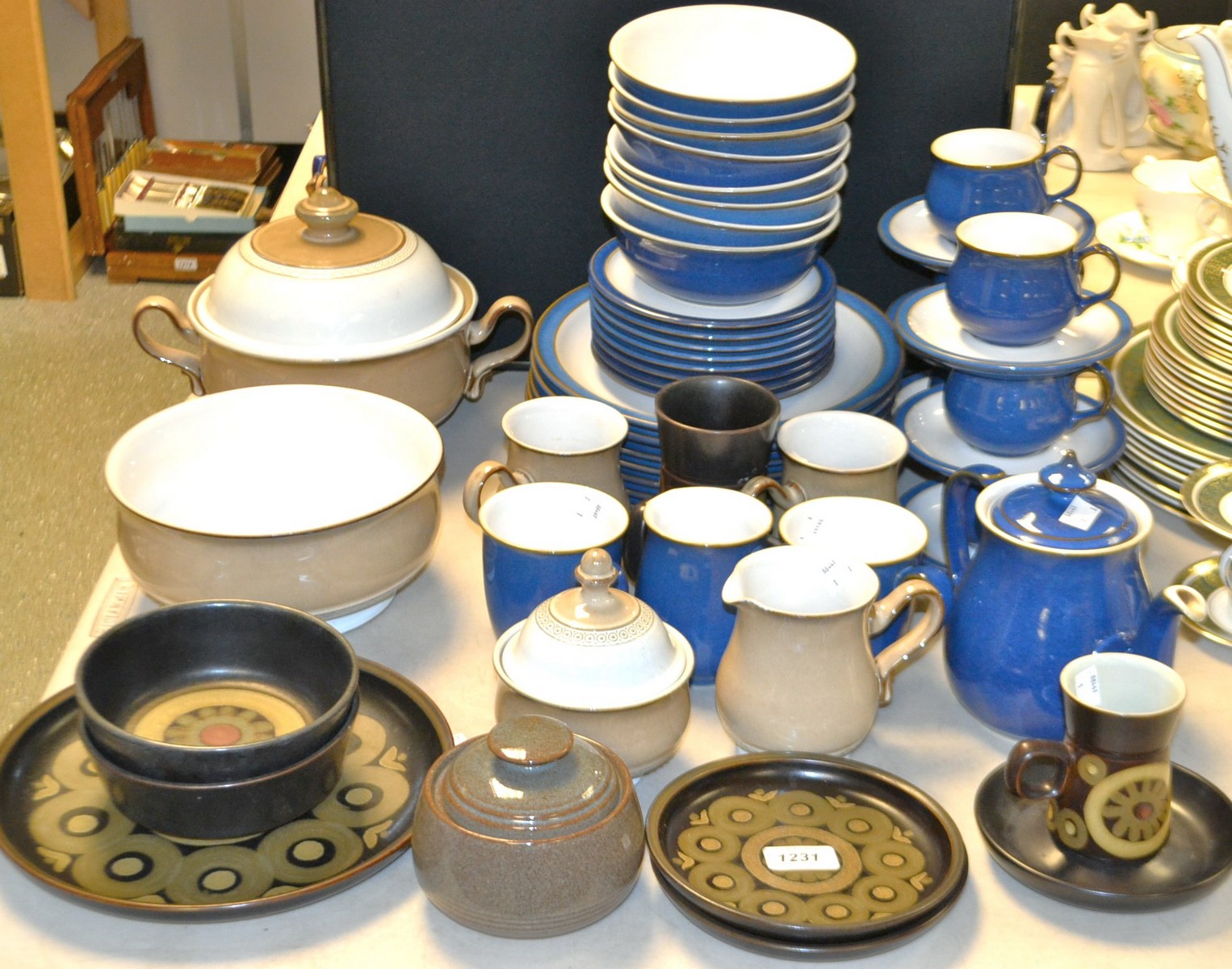 Denby - eight dinner, side plates; six egg cups and saucers, teapot, mugs, etc.