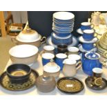 Denby - eight dinner, side plates; six egg cups and saucers, teapot, mugs, etc.