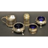 Silver - a pair of salts with Bristol blue inner; another similar; a mustard pot;