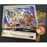 A box of costume jewellery; an enamel ER mirror; etc.