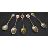 Five silver and enamel teaspoons,