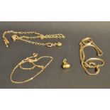 A 9ct gold necklace; a 9ct gold chain; a 14k gold charm; others, 15.