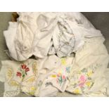Textiles - Lace edged linen, hand embroidered table clothes, Madeira, country garden flowers.