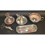 Plated ware - A chamber candlestick with snuffer; a twin handled sugar bowl;