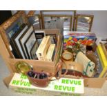 Boxes and Objects - Pictures and prints; a camera tripod; metal and brass ware;