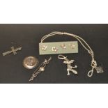 Silver brooches; earrings; a Celtic pendant on silver chain; etc.