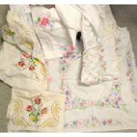 Textiles - Lace edged linen, hand embroidered table clothes,country garden flowers.