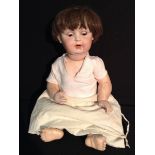 A Porzellanfabrik Mengersgereuth bisque head doll, open close eyes, open mouth, brown wig,