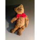 An early 20th century mohair jointed bear, button eyes, horizontally stitched nose, small ears,