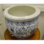 A blue and white Oriental style stoneware jardiniere