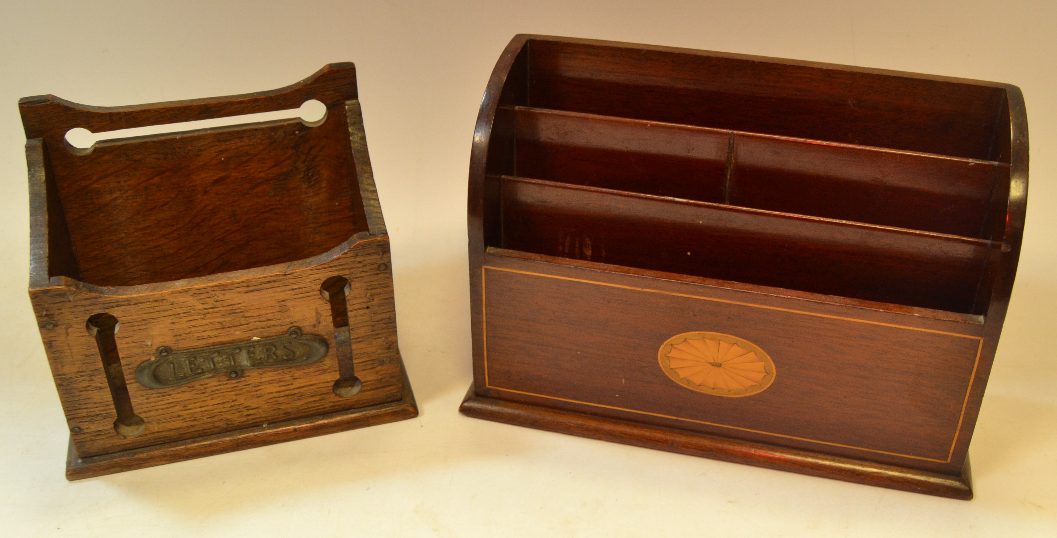 A 20th century mahogany waterfall letter rack, batwing patera, 21cm wide; another, oak pierced,