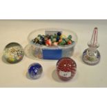 Glassware - a collection of various sized marbles; milliefiore inkwell and cover;