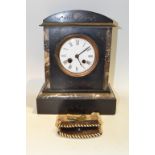 A Victorian slate mantel clock, twin winding holes, white enamel dial, 28cm high, c.