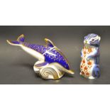 A Royal Crown Derby paperweight dolphin, gold stopper; another, chipmonk,