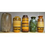 A Keeling's of Staffordshire large striped vase; four West Germany vases,