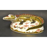A Royal Crown Derby paperweight, Crocodile, gold signature edition, gold stopper, certificate,