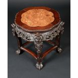 A 19th century Chinese padouk wood jardiniere stand, inset marble top, beaded border,