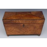 A Regency burr elm sarcophagus tea caddy, hinged cover outlined with boxwood stringing,