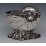 A Victorian E.P.N.S novelty spoon warmer, as a nautilus shell, rocky base, 15cm high, c.