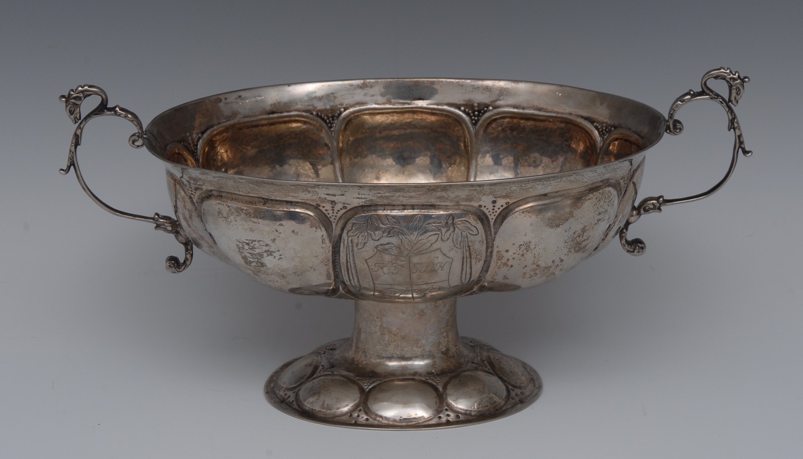 A Continental silver lobed oval pedestal dish, probably German,