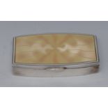 A Continental silver and canary enamel bowed rectangular snuff box,