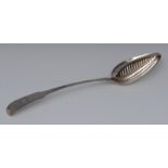 A George III Irish Fiddle pattern straining spoon, the bowl with pierced grill to centre, 32cm long,
